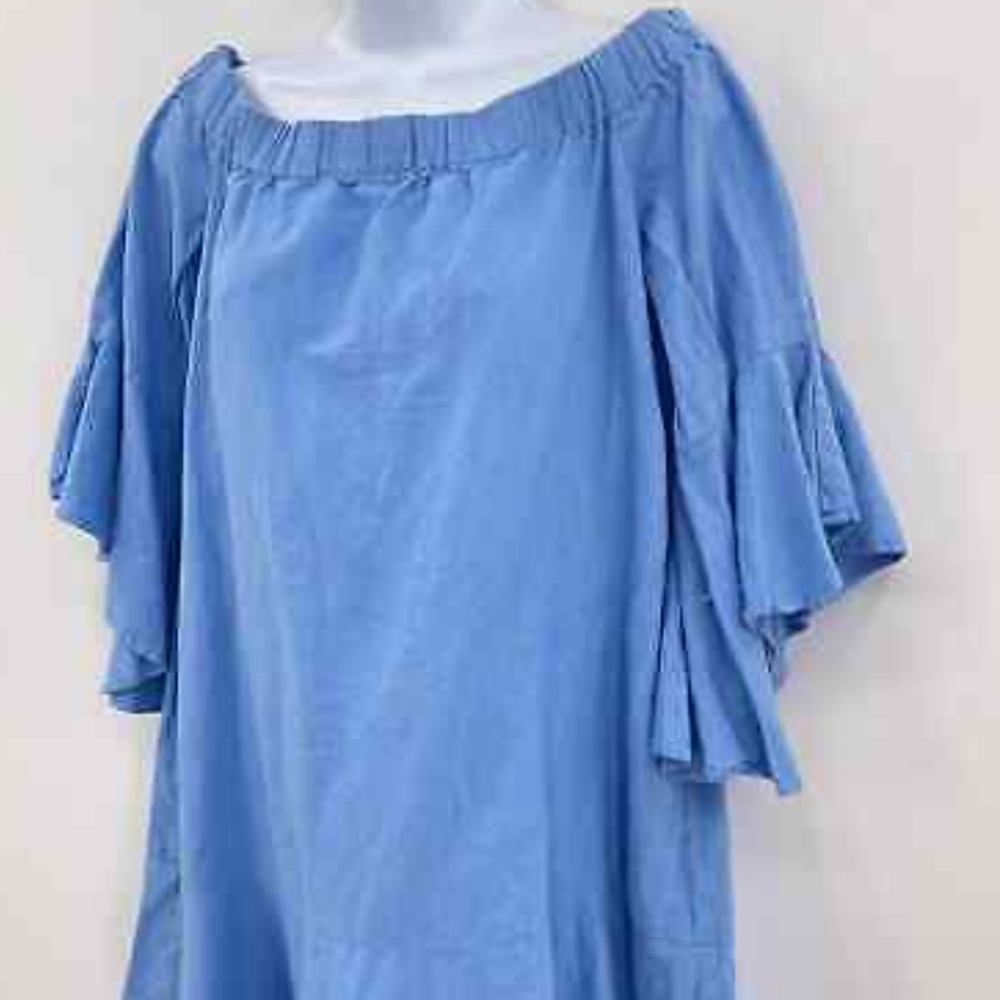 Zara Dress Linen Cotton Blend Blue Off the Shoulder Bell Sleeve Coastal Size M - Picture 6 of 6